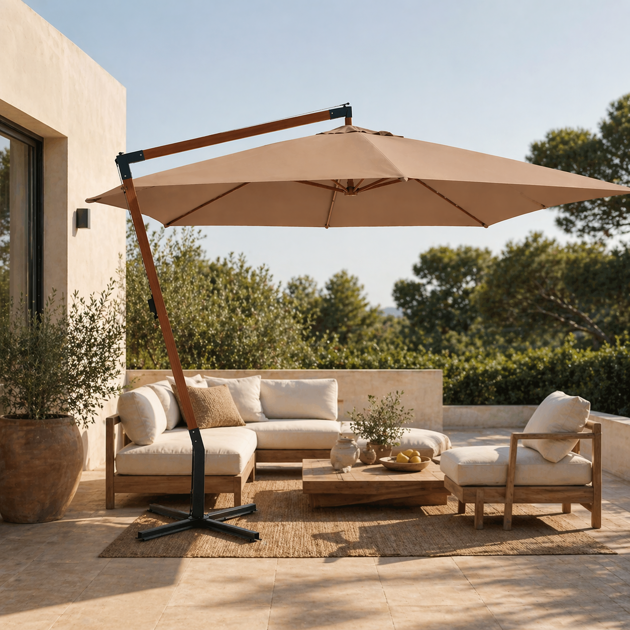 Parasol Déporté 3×4m Avec Mât Bois Premium | Shadora